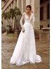 Long Sleeve V Neck Beaded Ivory Eyelash Lace Wedding Dress